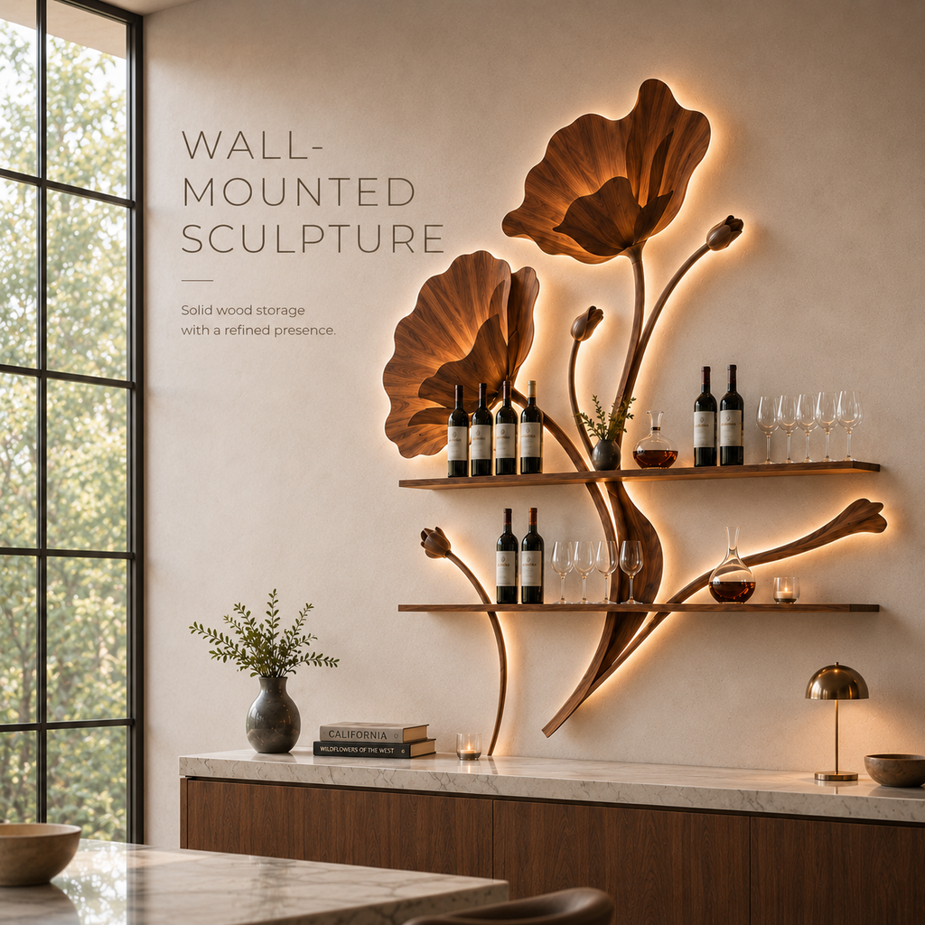 Solid Wood Wall Wine Rack with Glass Holder - 5 Bottle - Gallery Rail - product image 03