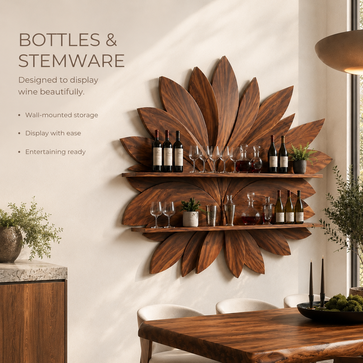 Solid Wood Wall Wine Rack with Glass Holder - 5 Bottle - Live Edge - product image 07