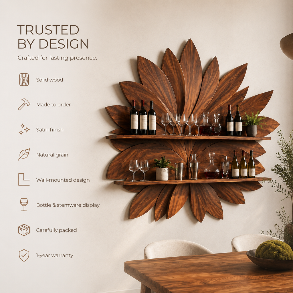 Solid Wood Wall Wine Rack with Glass Holder - 5 Bottle - Live Edge - product image 10