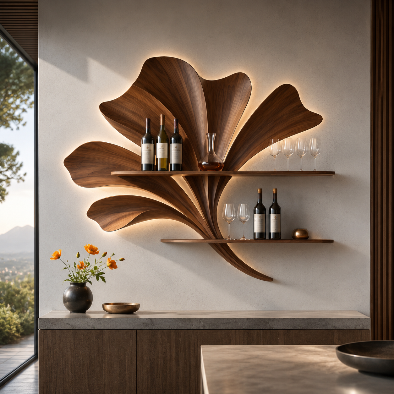 Solid Wood Wall Wine Rack with Glass Holder - 5 Bottle - Ribbed Wave - main view