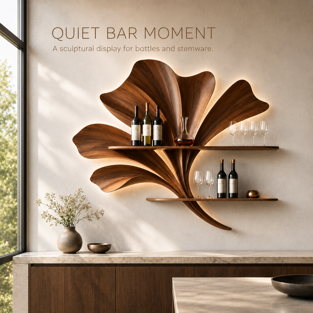 Solid Wood Wall Wine Rack with Glass Holder - 5 Bottle - Ribbed Wave - product image 02