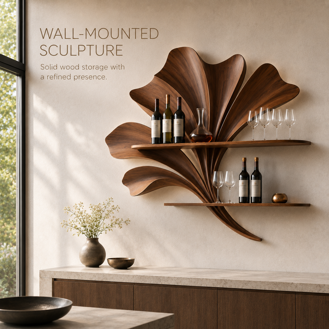 Solid Wood Wall Wine Rack with Glass Holder - 5 Bottle - Ribbed Wave - product image 03