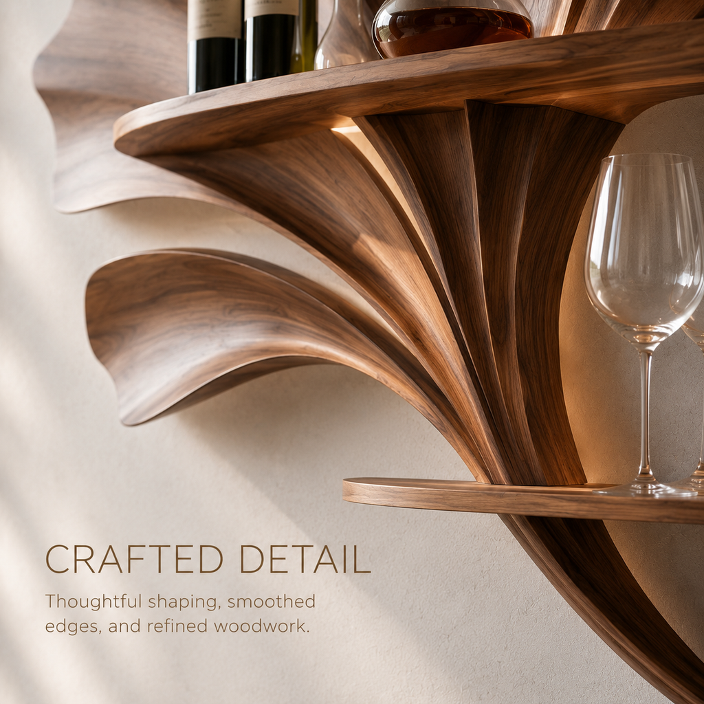 Solid Wood Wall Wine Rack with Glass Holder - 5 Bottle - Ribbed Wave - product image 06