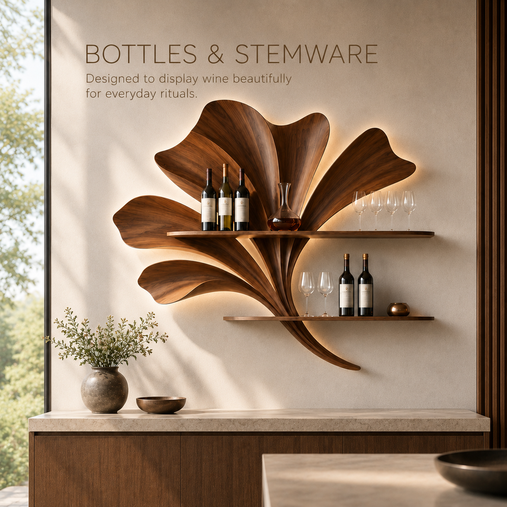 Solid Wood Wall Wine Rack with Glass Holder - 5 Bottle - Ribbed Wave - product image 07