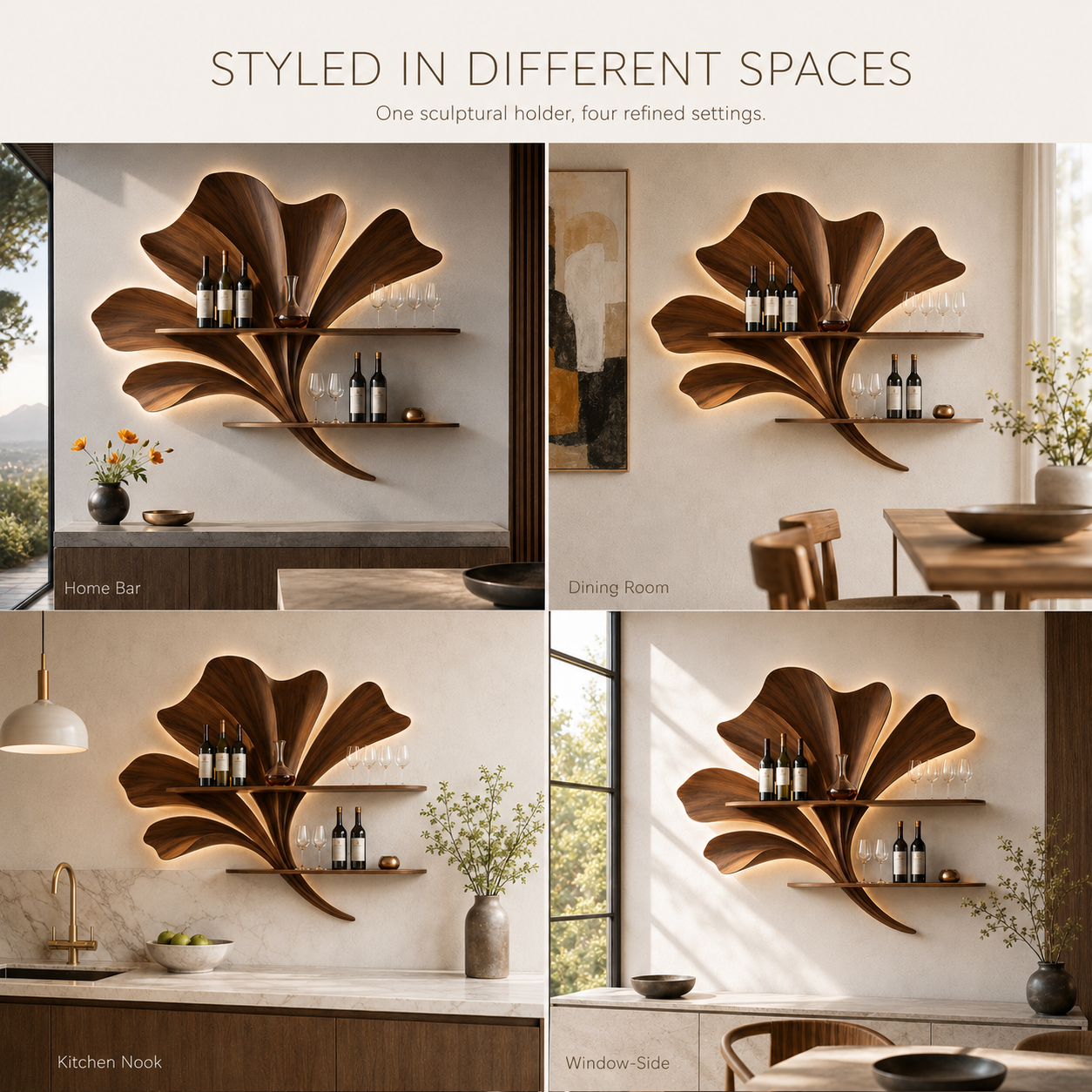 Solid Wood Wall Wine Rack with Glass Holder - 5 Bottle - Ribbed Wave - product image 10