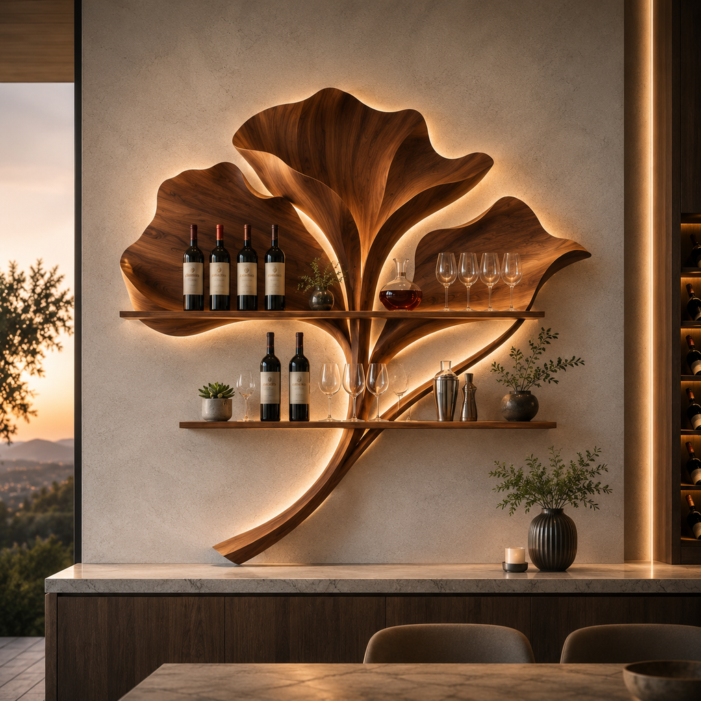 Solid Wood Wall Wine Rack with Glass Holder - 5 Bottle - Wave - main view