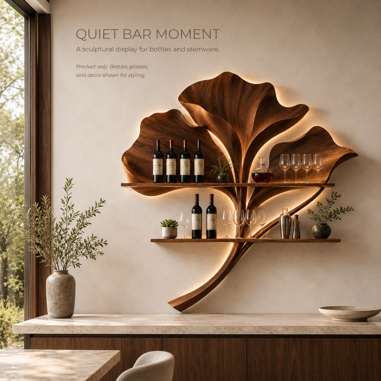 Solid Wood Wall Wine Rack with Glass Holder - 5 Bottle - Wave - product image 02