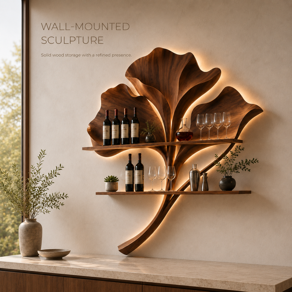 Solid Wood Wall Wine Rack with Glass Holder - 5 Bottle - Wave - product image 03
