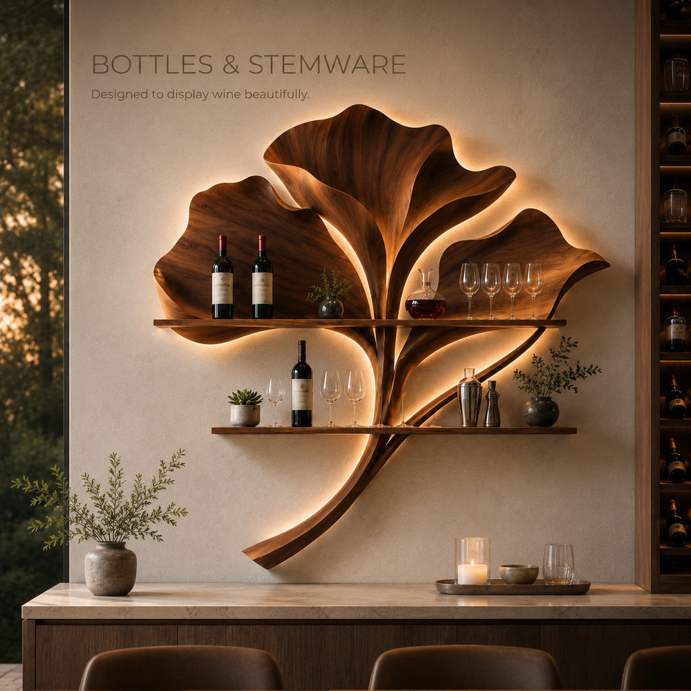 Solid Wood Wall Wine Rack with Glass Holder - 5 Bottle - Wave - product image 07