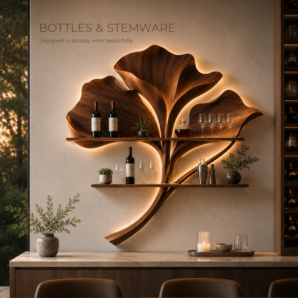 Solid Wood Wall Wine Rack with Glass Holder - 5 Bottle - Wave - product image 07