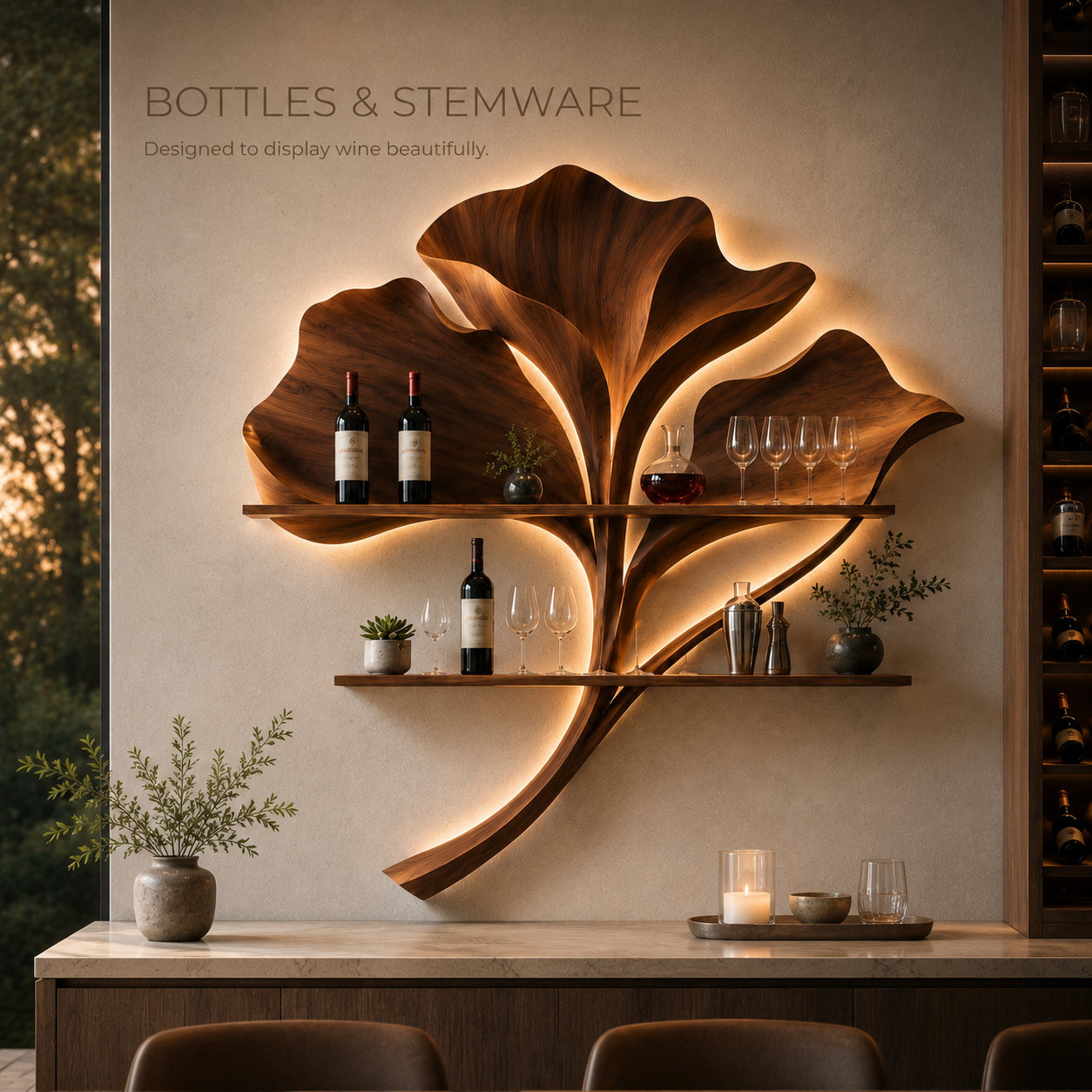Solid Wood Wall Wine Rack with Glass Holder - 5 Bottle - Wave - product image 07