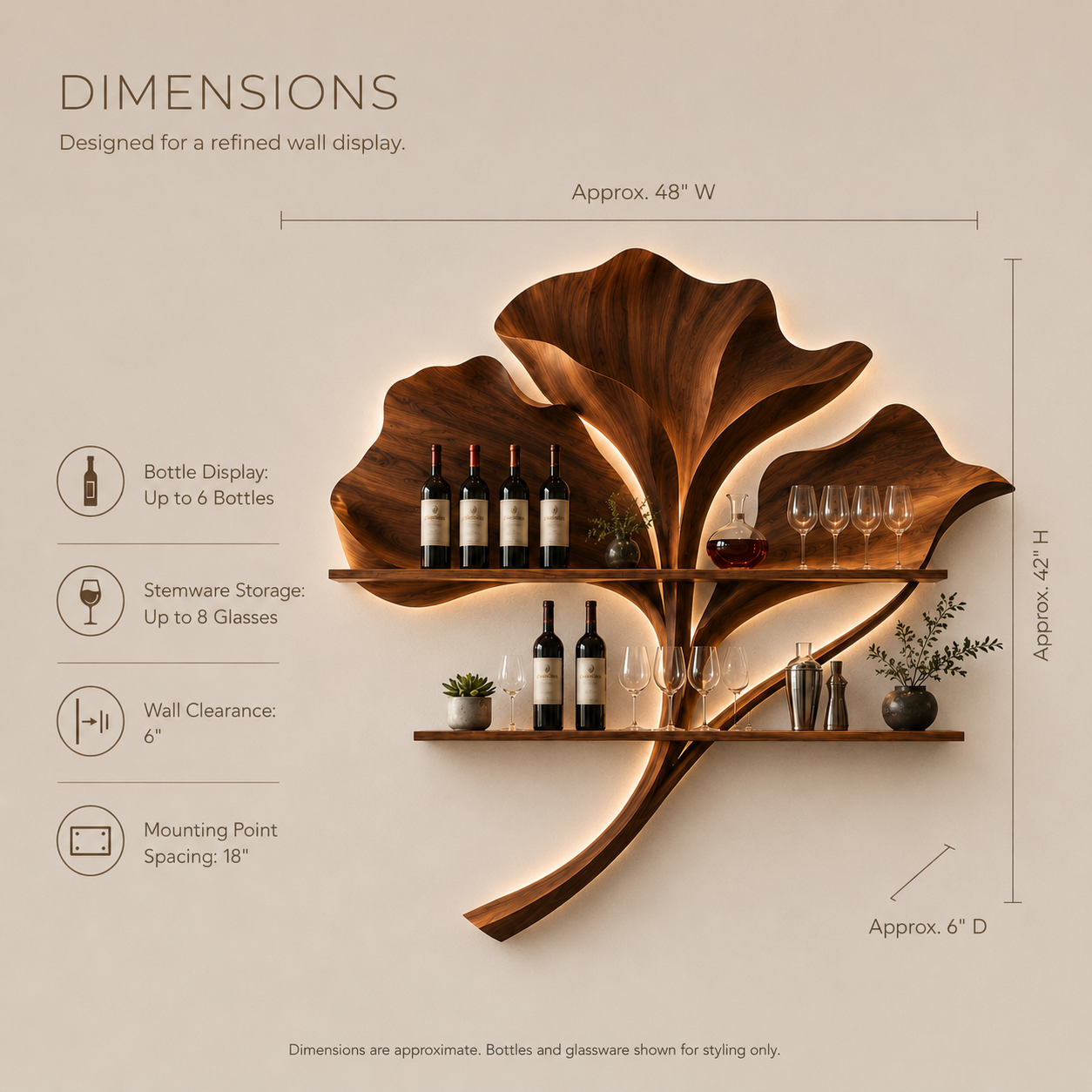 Solid Wood Wall Wine Rack with Glass Holder - 5 Bottle - Wave - product image 08