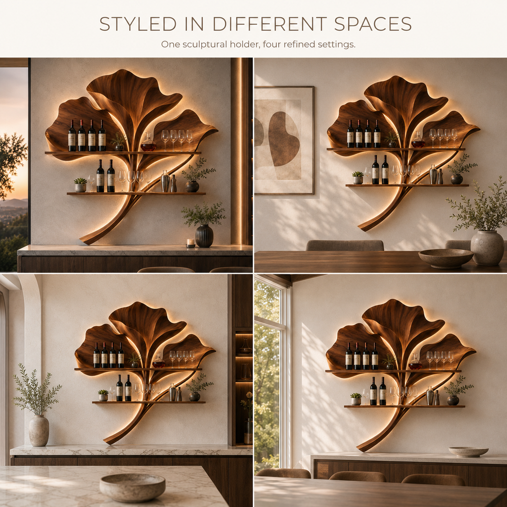Solid Wood Wall Wine Rack with Glass Holder - 5 Bottle - Wave - product image 11