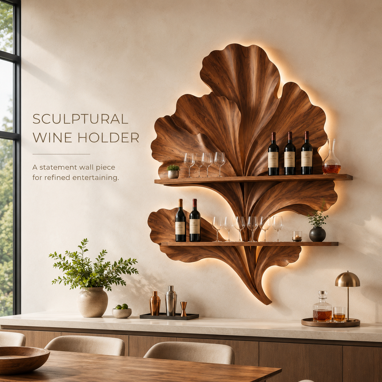 Solid Wood Wall Wine Rack with Glass Holder - Branch Form - product image 02