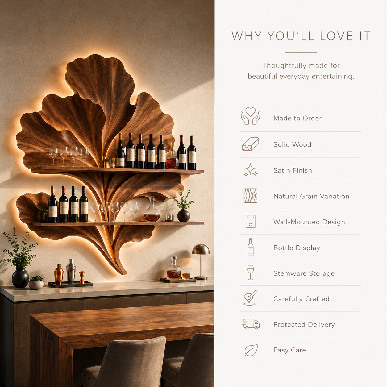 Solid Wood Wall Wine Rack with Glass Holder - Branch Form - product image 09