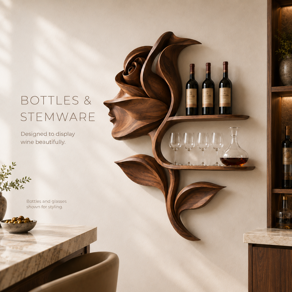 Solid Wood Wall Wine Rack with Glass Holder - Arched - product image 07