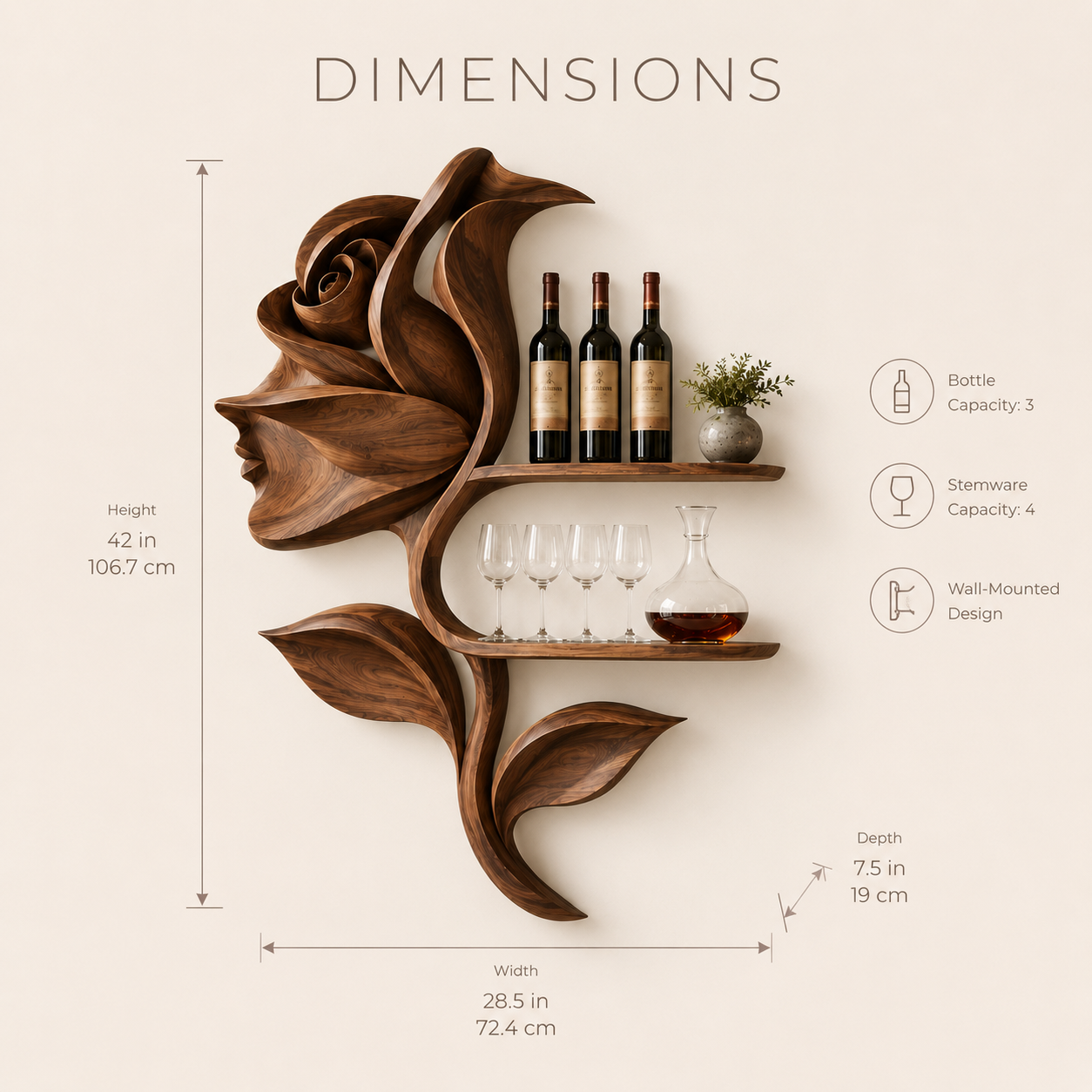 Solid Wood Wall Wine Rack with Glass Holder - Arched - product image 08