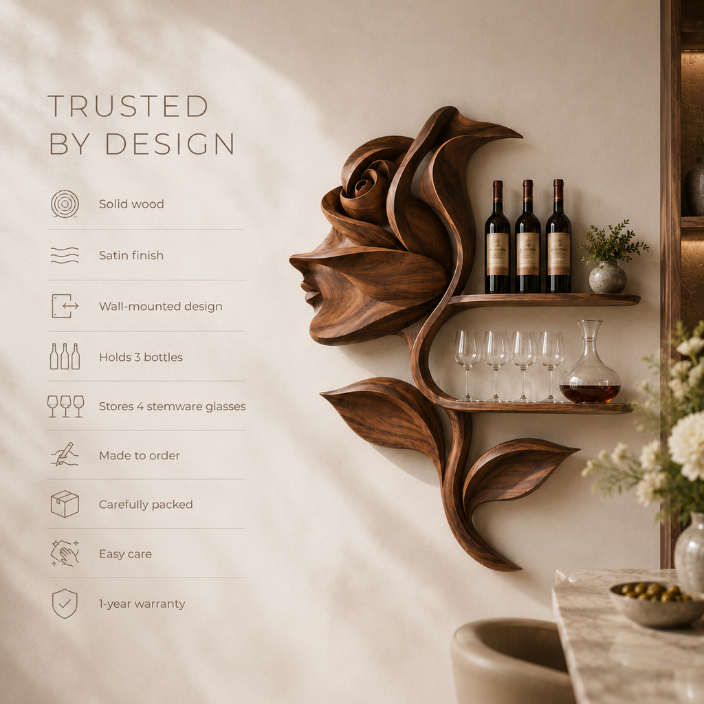 Solid Wood Wall Wine Rack with Glass Holder - Arched - product image 09