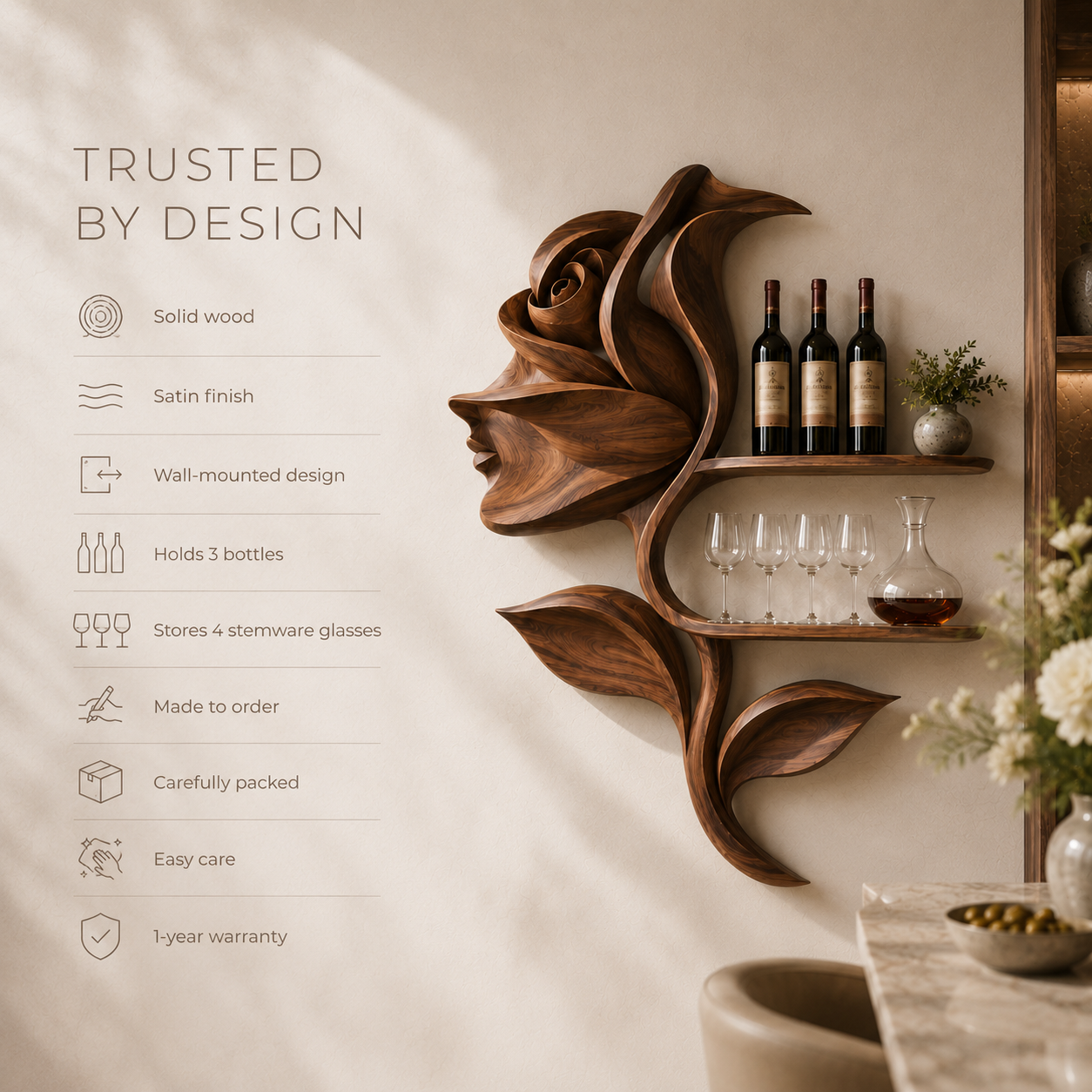 Solid Wood Wall Wine Rack with Glass Holder - Arched - product image 09