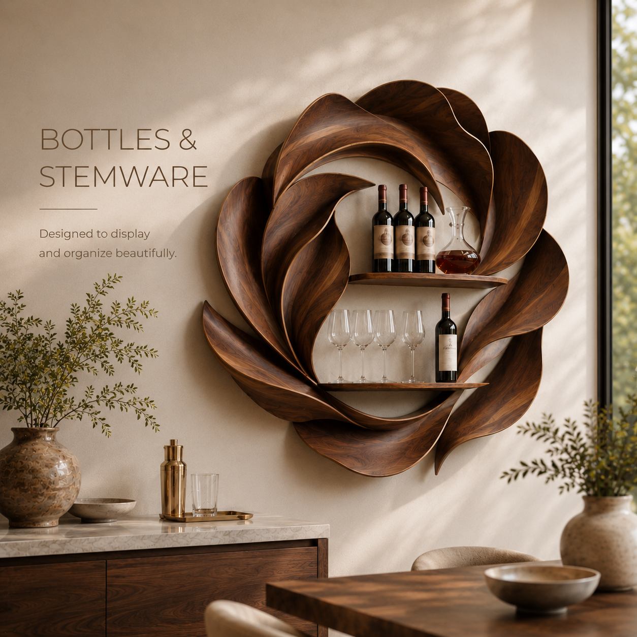 Solid Wood Wall Wine Rack with Glass Holder - Crescent - product image 07