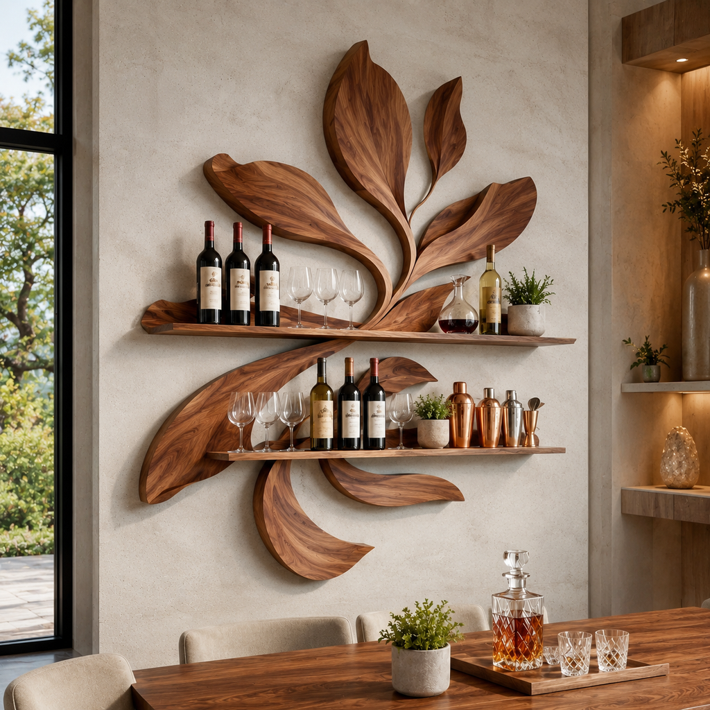 Solid Wood Wall Wine Rack with Glass Holder - Gallery Rail - main view