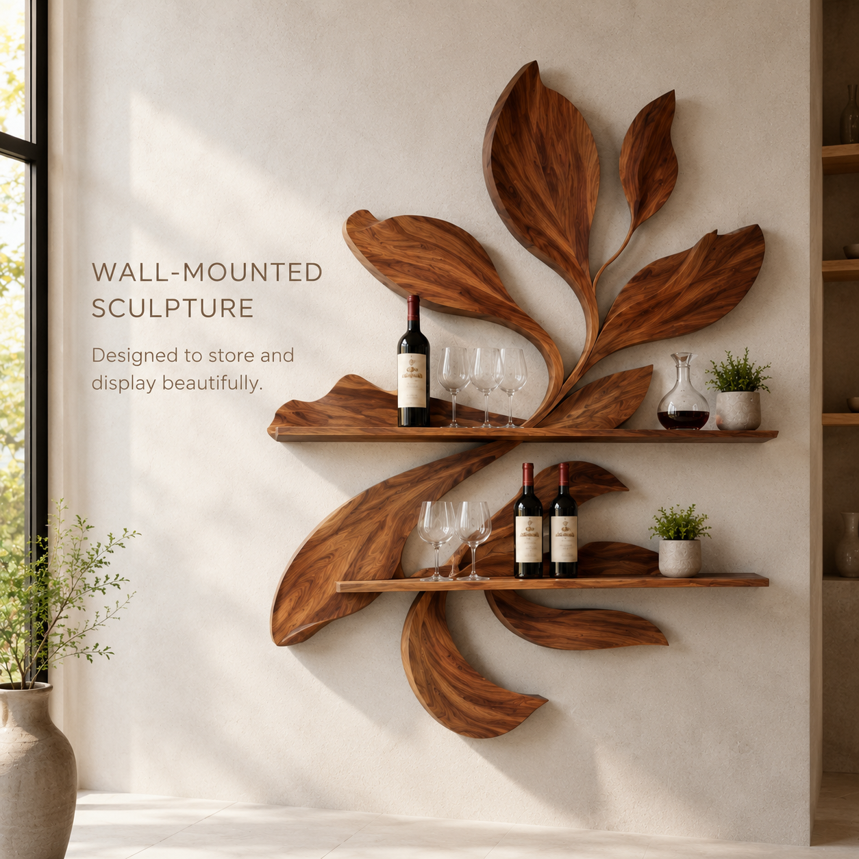 Solid Wood Wall Wine Rack with Glass Holder - Gallery Rail - product image 03