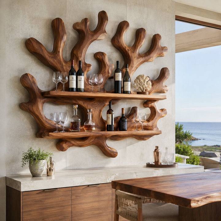 Solid Wood Wall Wine Rack with Glass Holder - Live Edge - main view