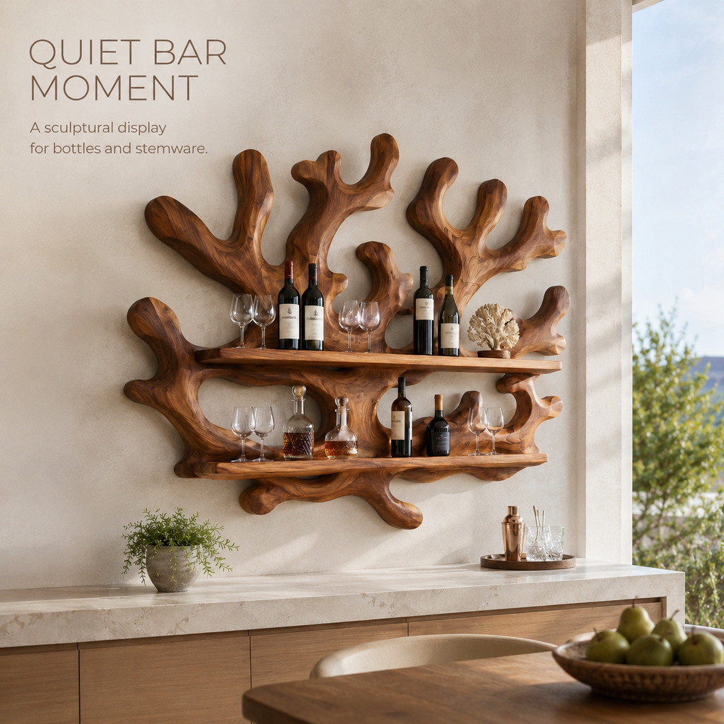 Solid Wood Wall Wine Rack with Glass Holder - Live Edge - product image 02