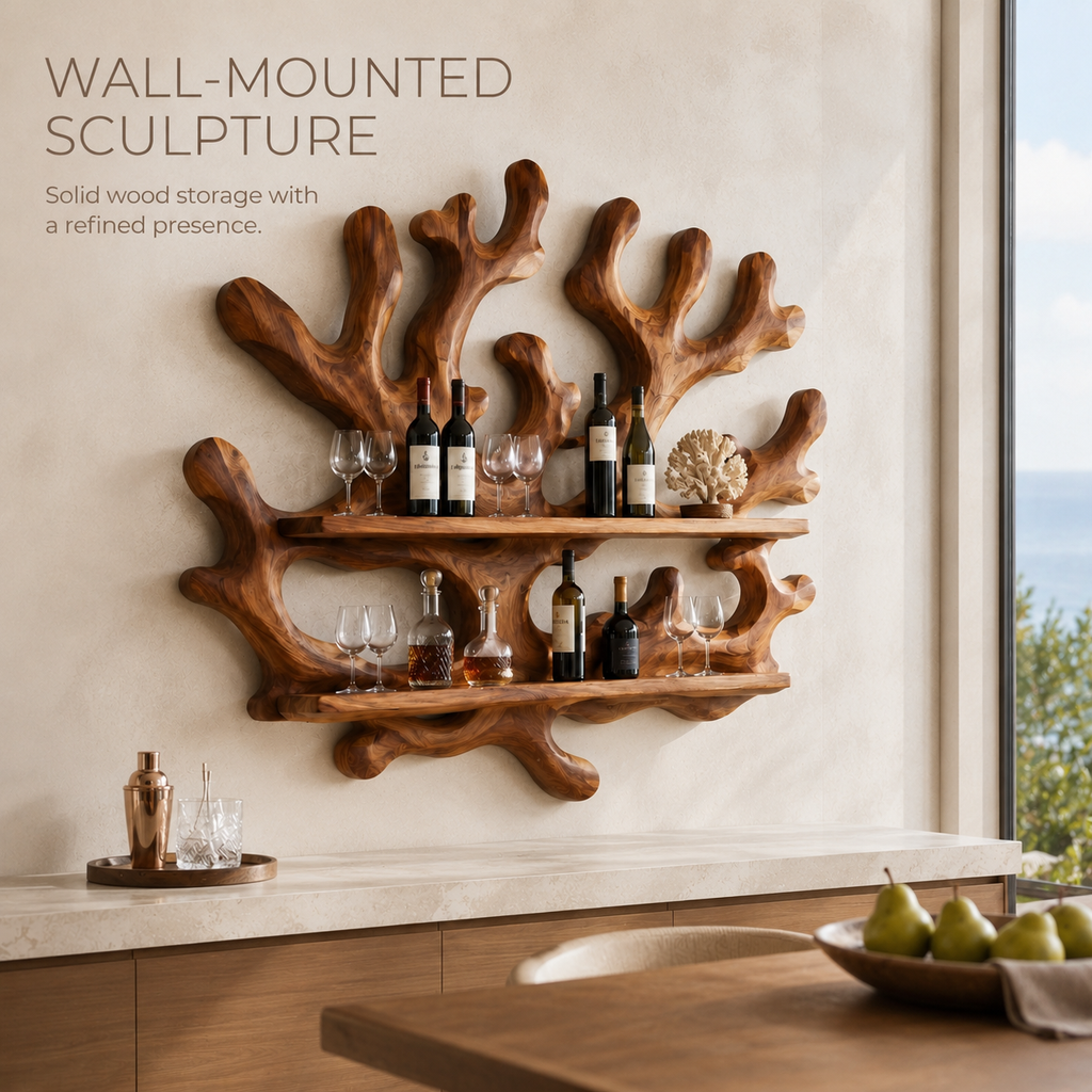 Solid Wood Wall Wine Rack with Glass Holder - Live Edge - product image 03