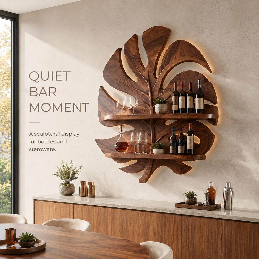 Solid Wood Wall Wine Rack with Glass Holder - Ribbed Wave - product image 02