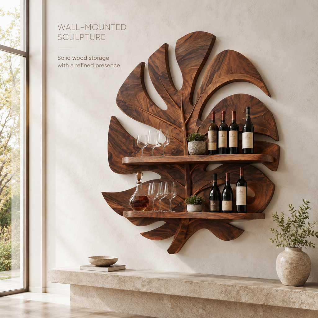 Solid Wood Wall Wine Rack with Glass Holder - Ribbed Wave - product image 03