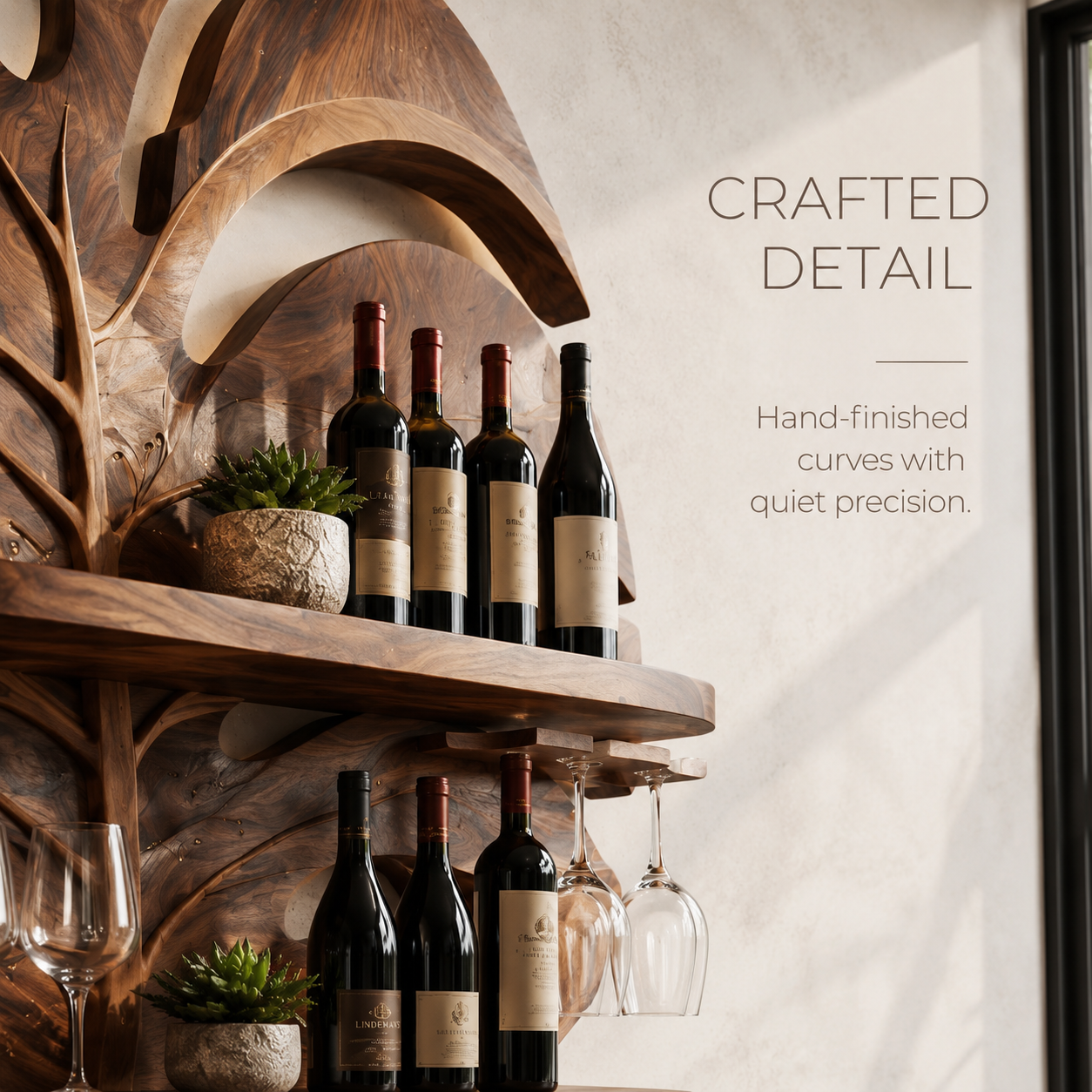 Solid Wood Wall Wine Rack with Glass Holder - Ribbed Wave - product image 06