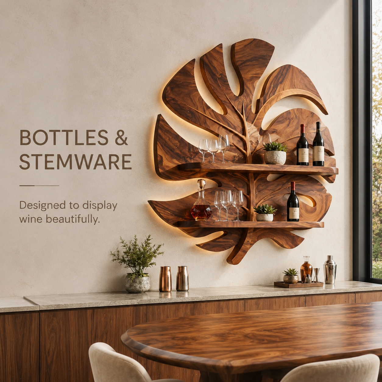 Solid Wood Wall Wine Rack with Glass Holder - Ribbed Wave - product image 07