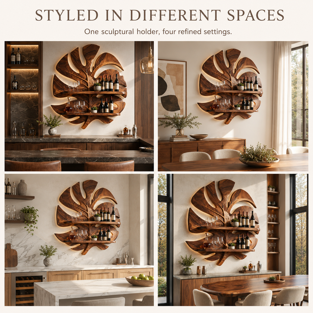 Solid Wood Wall Wine Rack with Glass Holder - Ribbed Wave - product image 10