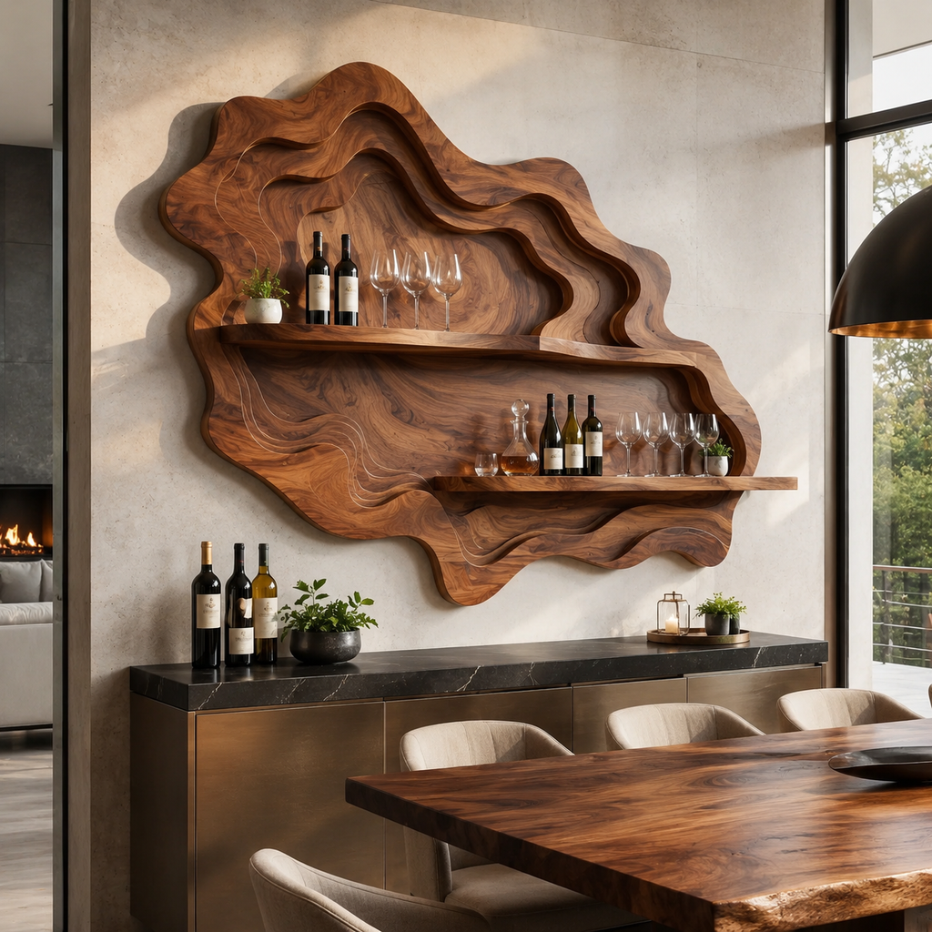 Solid Wood Wall Wine Rack with Glass Holder - Wave - main view