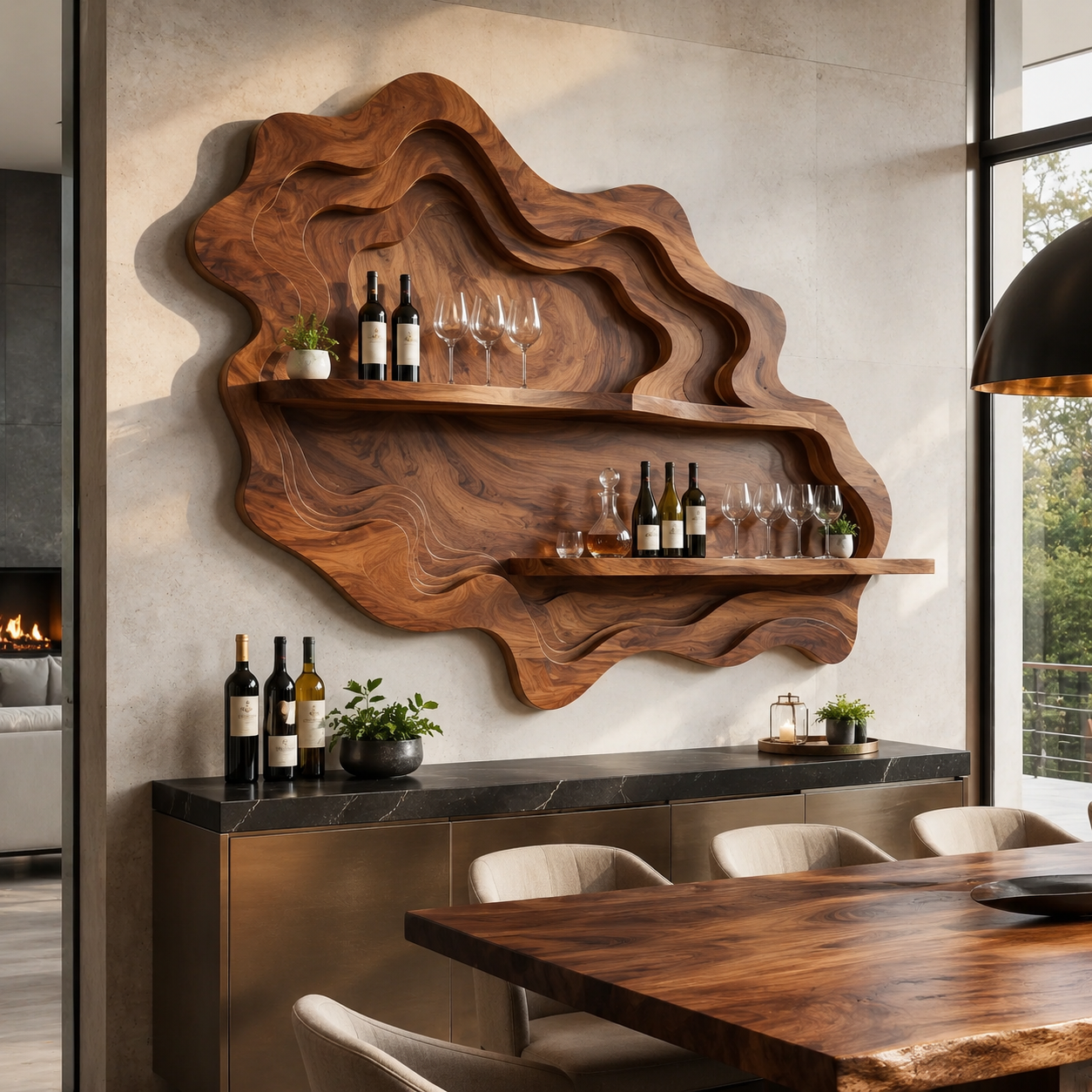 Solid Wood Wall Wine Rack with Glass Holder - Wave - main view