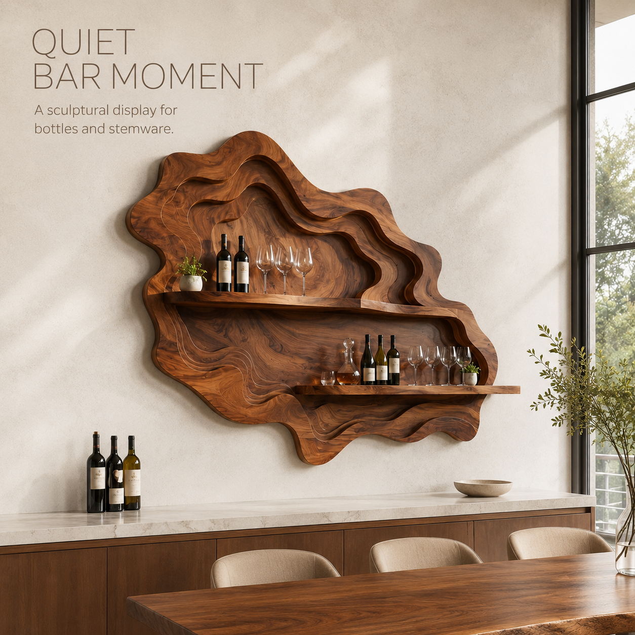 Solid Wood Wall Wine Rack with Glass Holder - Wave - product image 02