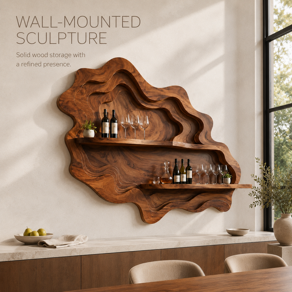 Solid Wood Wall Wine Rack with Glass Holder - Wave - product image 03