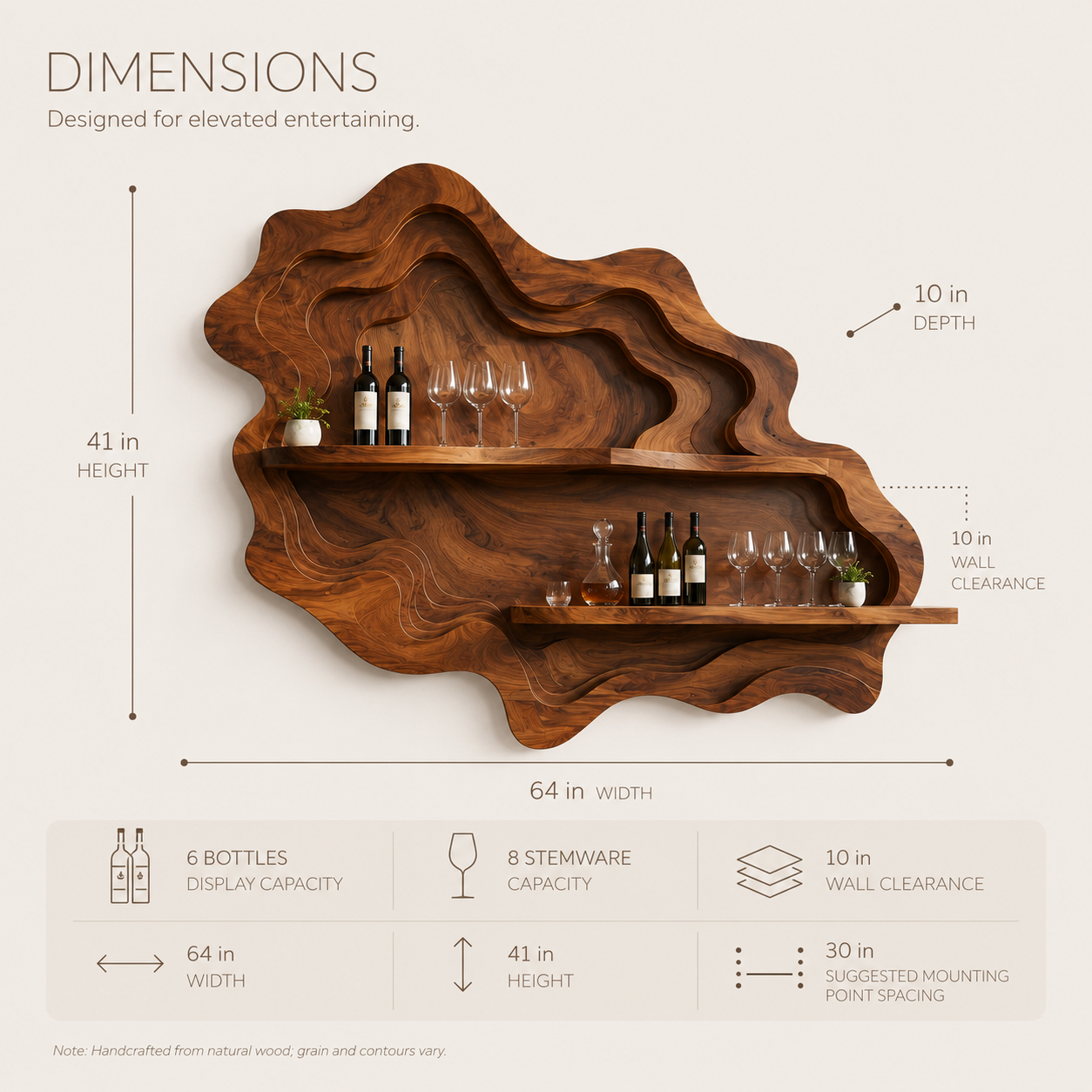 Solid Wood Wall Wine Rack with Glass Holder - Wave - product image 08