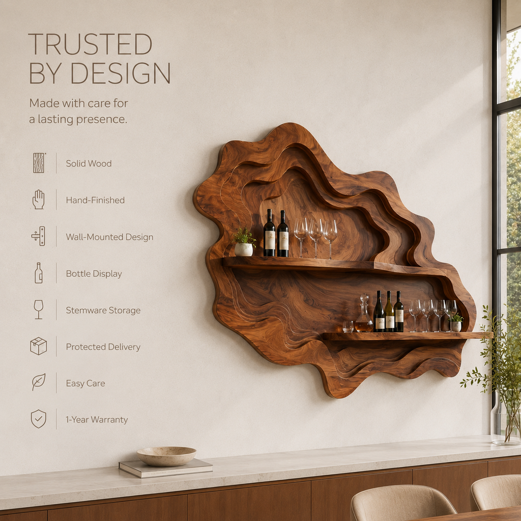 Solid Wood Wall Wine Rack with Glass Holder - Wave - product image 09