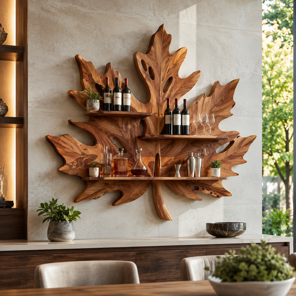 Solid Wood Wall Wine Rack with Glass Holder - Branch Form - main view
