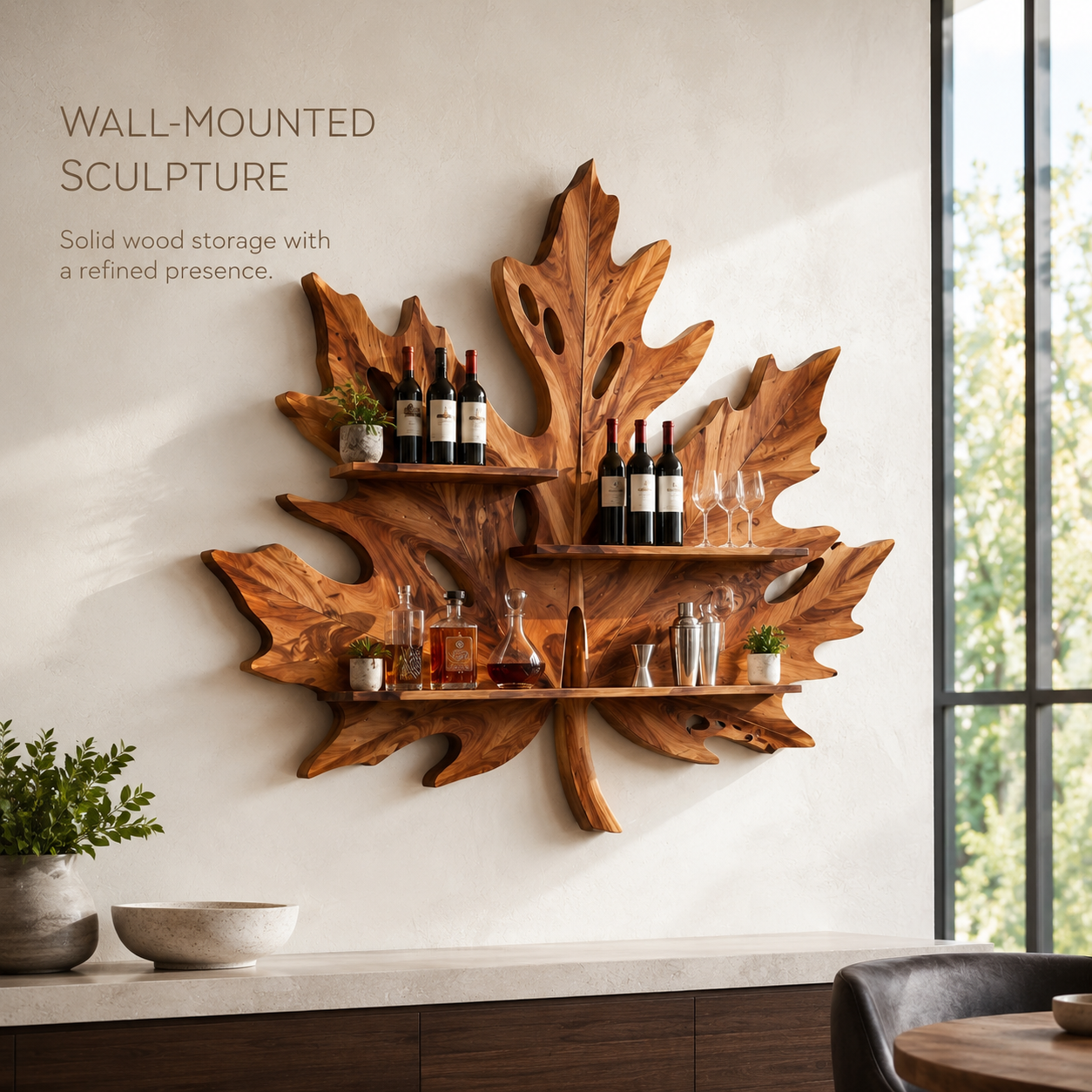 Solid Wood Wall Wine Rack with Glass Holder - Branch Form - product image 03