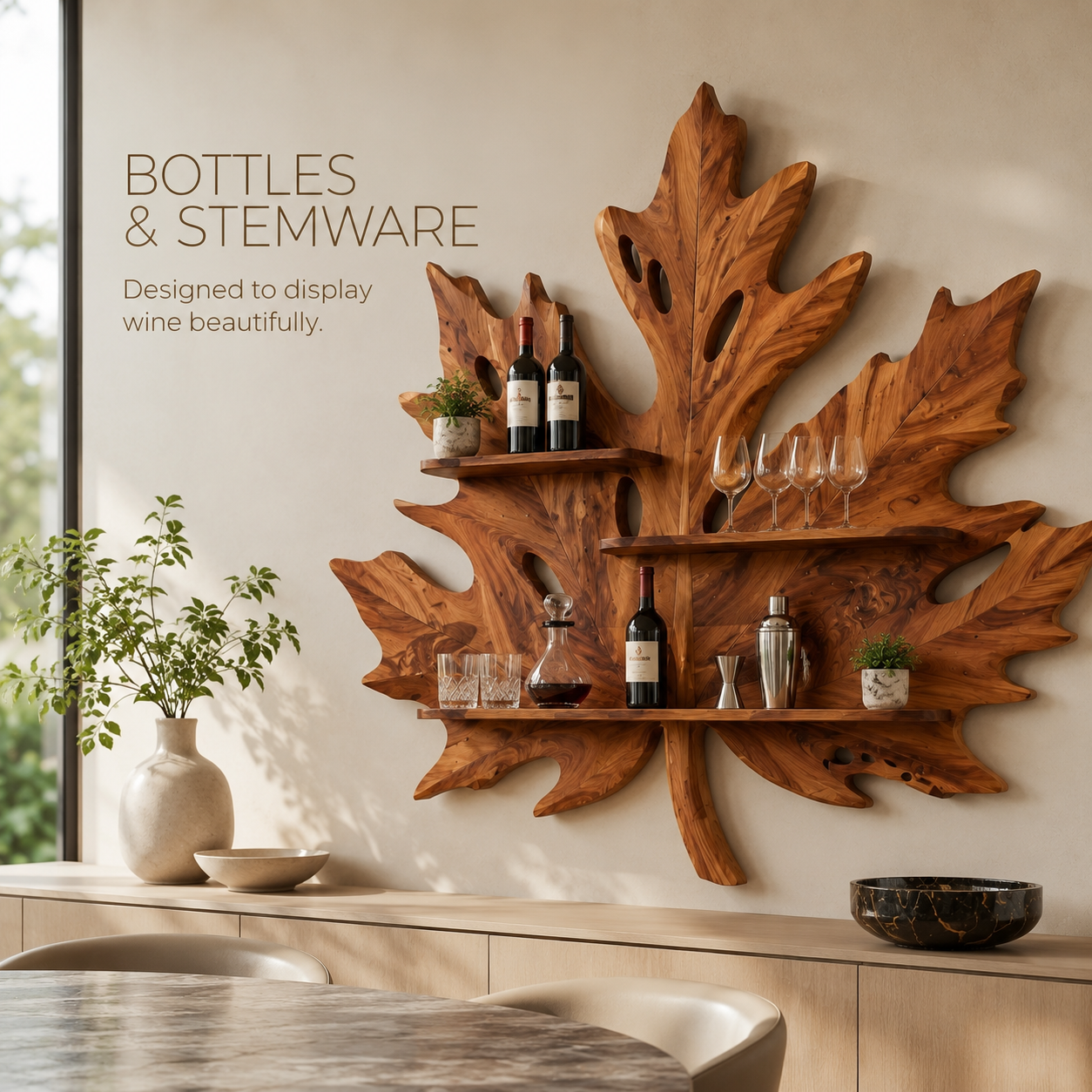 Solid Wood Wall Wine Rack with Glass Holder - Branch Form - product image 07