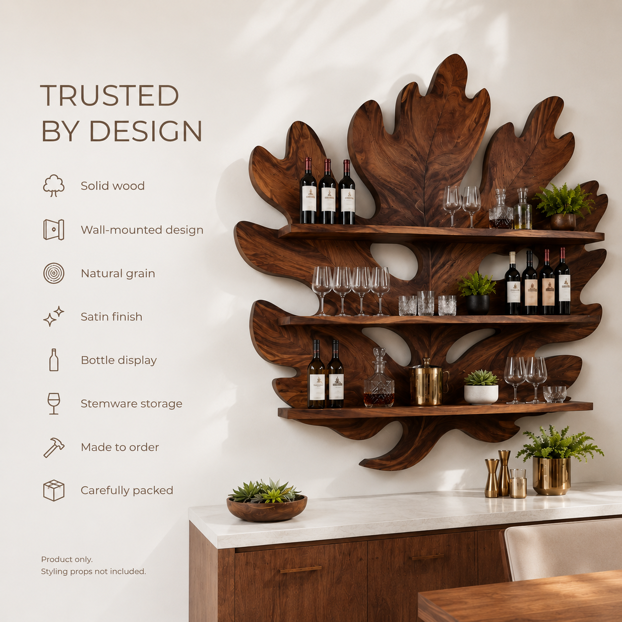 Solid Wood Wall Wine Rack with Glass Holder - Arched - product image 09