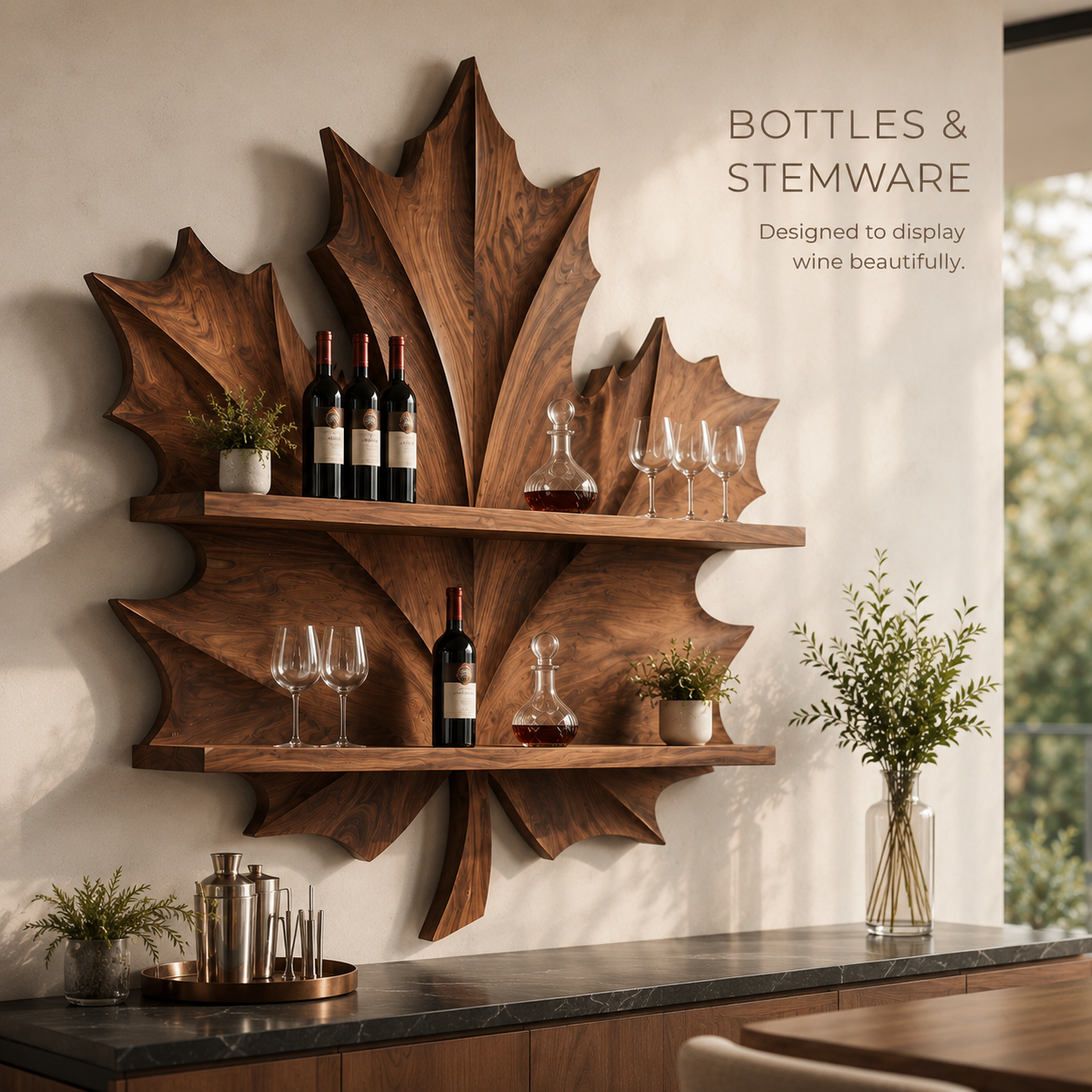 Solid Wood Wall Wine Rack with Glass Holder - Crescent - product image 07