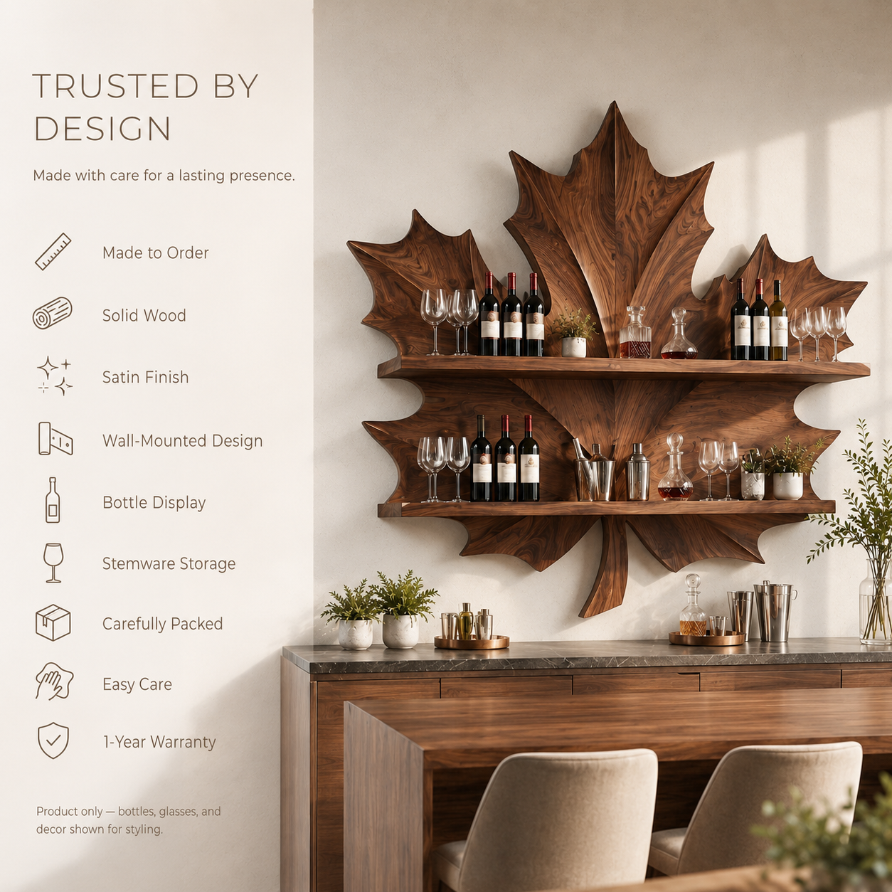Solid Wood Wall Wine Rack with Glass Holder - Crescent - product image 09