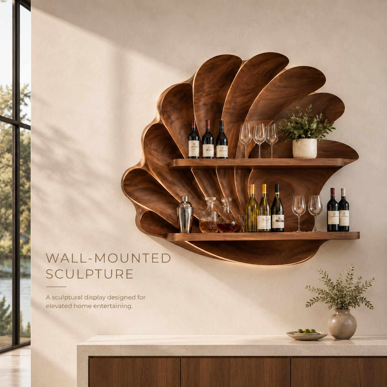 Solid Wood Wall Wine Rack with Glass Holder - Gallery Rail - product image 03