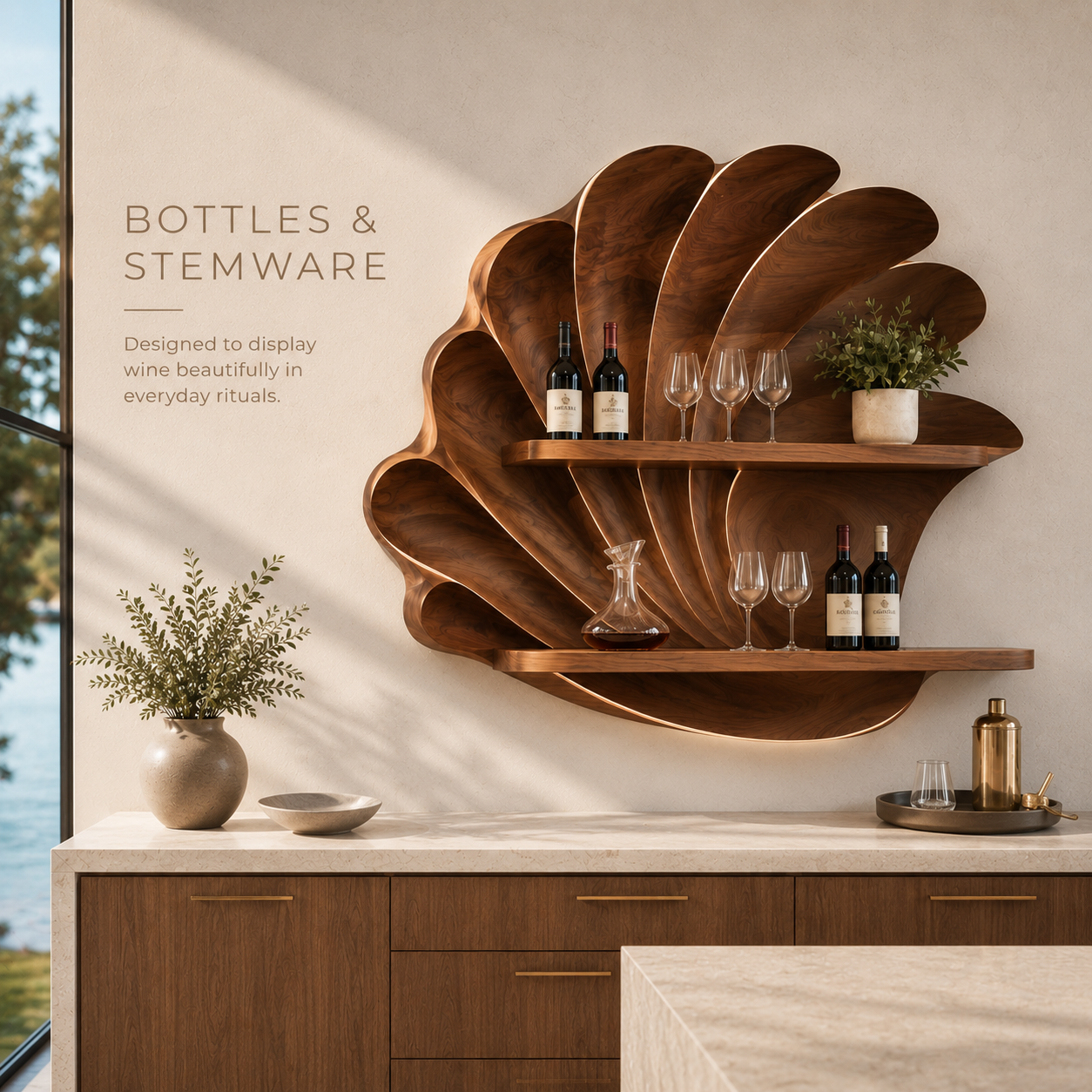 Solid Wood Wall Wine Rack with Glass Holder - Gallery Rail - product image 07