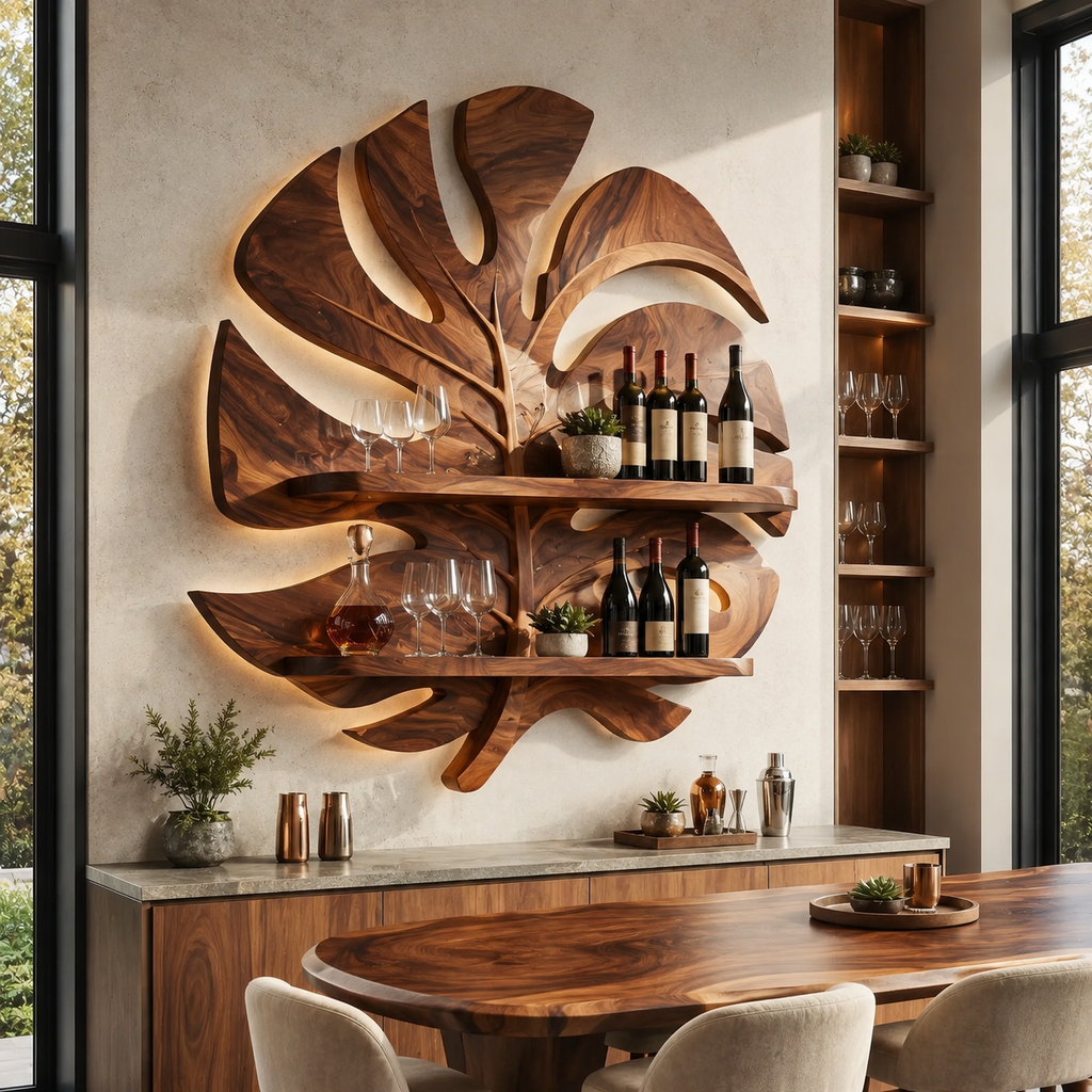 Solid Wood Wall Wine Rack with Glass Holder - Ribbed Wave - main view
