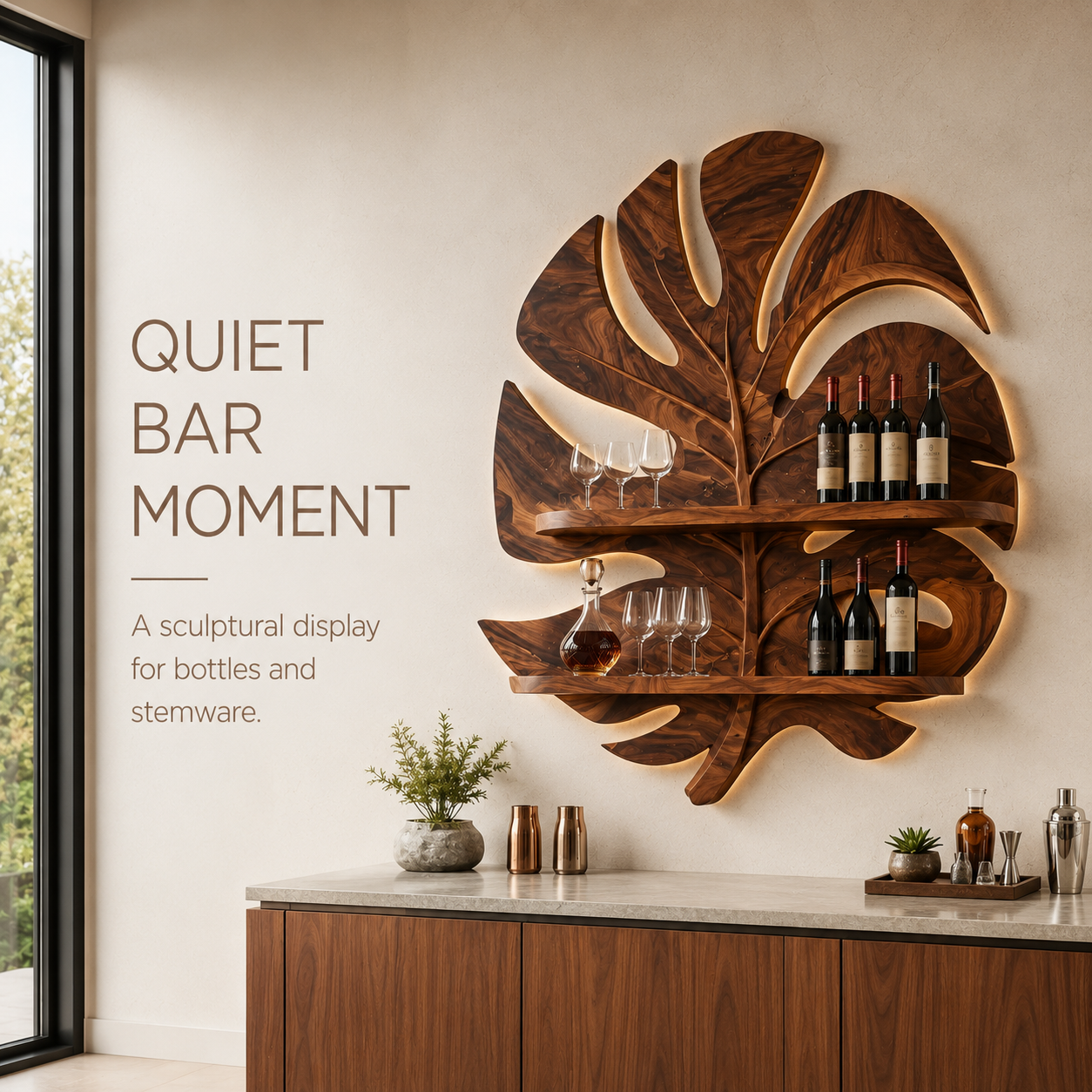 Solid Wood Wall Wine Rack with Glass Holder - Ribbed Wave - product image 02